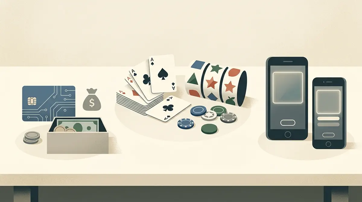 Editorial comparison illustration with casino games, payment methods and mobile devices